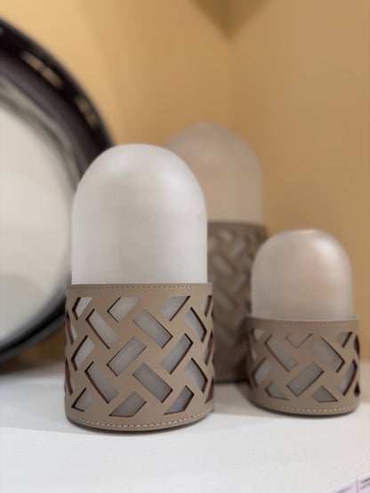 Hotaru N°2 Lantern w Regenerated Leather Base with Perforated Motif & Frosted Borosilicate Glass Cap