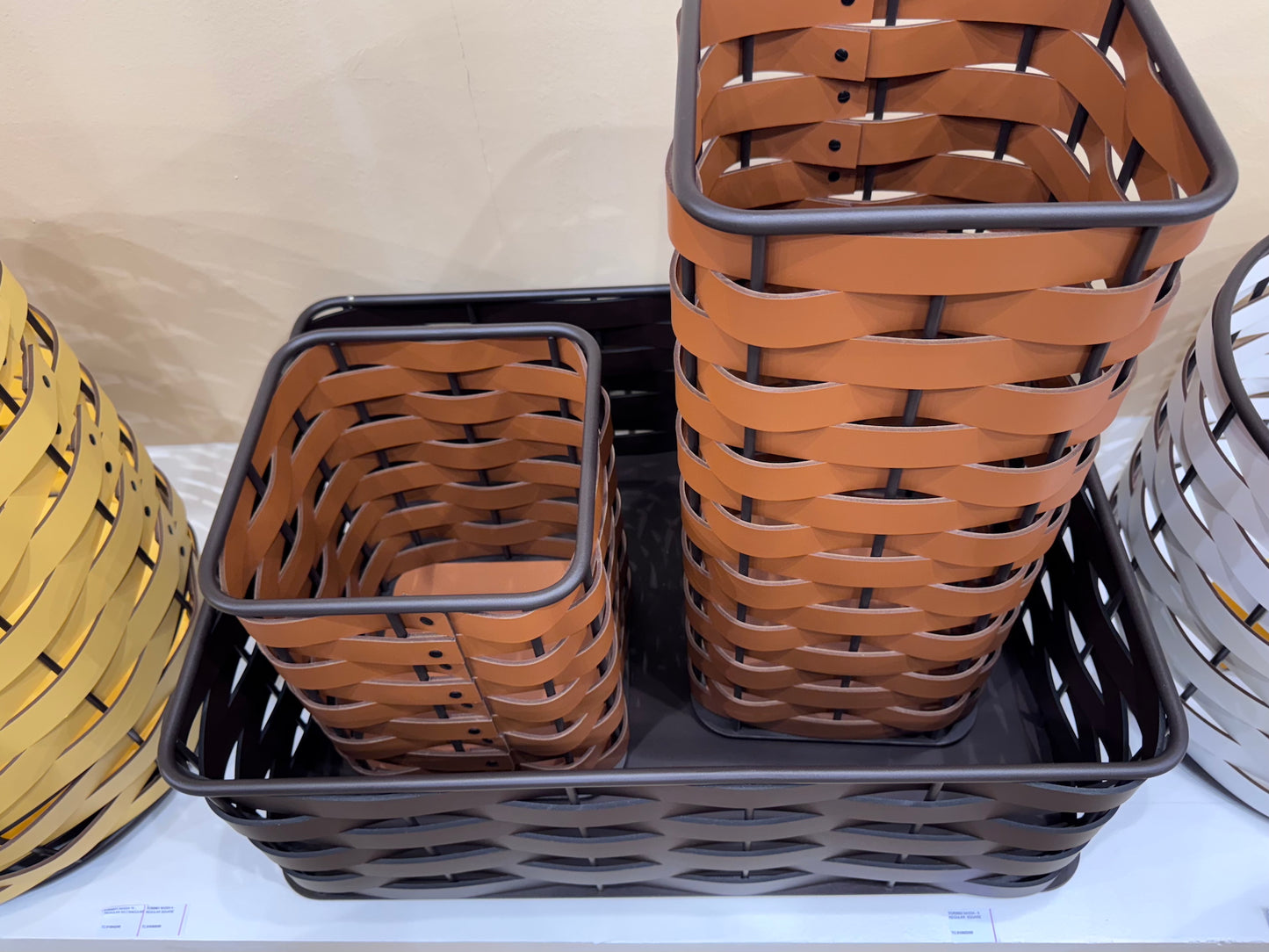 Nassa Storage Basket: Dark-Stained Aluminum Framework, Regenerated Leather Weaving, Square