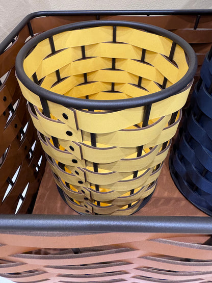 Nassa Storage Basket: Dark-Stained Aluminum Framework, Regenerated Leather Weaving, Round