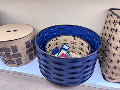 Nassa Storage Basket: Dark-Stained Aluminum Framework, Regenerated Leather Weaving, Round