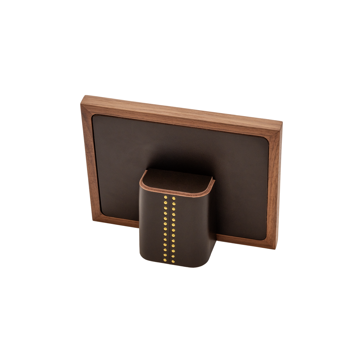 Rabitti 1969 | Toiles de Noyer Walnut Wood and Saddle Leather Picture Frame N°1: Walnut wood picture frame with saddle leather inserts and golden tacks, two sizes, magnetic back | Decor | 2Jour Concierge, your luxury lifestyle shop | luxury picture frame, Rabitti 1969, Toiles de Noyer, walnut leather frame, golden tack detail, Italian luxury decor, designer photo frame, Giobagnara leather frame