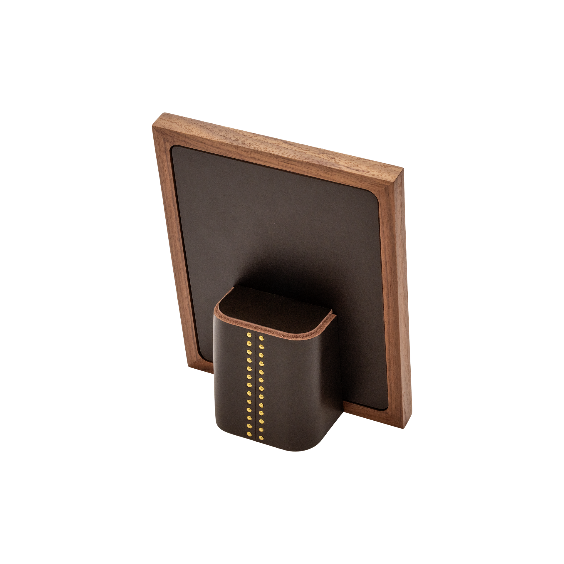 Rabitti 1969 | Toiles de Noyer Walnut Wood and Saddle Leather Picture Frame N°1: Walnut wood picture frame with saddle leather inserts and golden tacks, two sizes, magnetic back | Decor | 2Jour Concierge, your luxury lifestyle shop | luxury picture frame, Rabitti 1969, Toiles de Noyer, walnut leather frame, golden tack detail, Italian luxury decor, designer photo frame, Giobagnara leather frame
