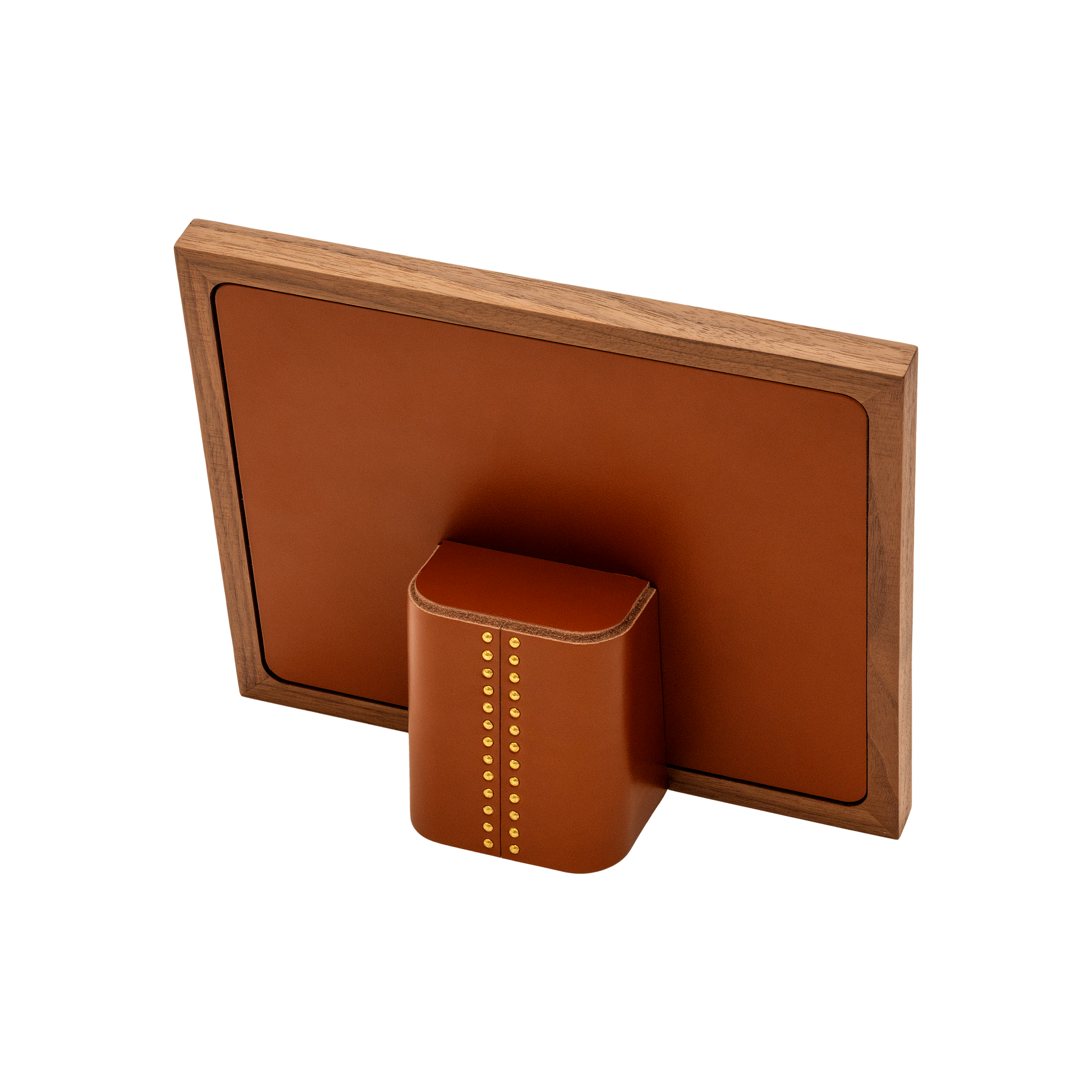 Rabitti 1969 | Toiles de Noyer Walnut Wood and Saddle Leather Picture Frame N°1: Walnut wood picture frame with saddle leather inserts and golden tacks, two sizes, magnetic back | Decor | 2Jour Concierge, your luxury lifestyle shop | luxury picture frame, Rabitti 1969, Toiles de Noyer, walnut leather frame, golden tack detail, Italian luxury decor, designer photo frame, Giobagnara leather frame