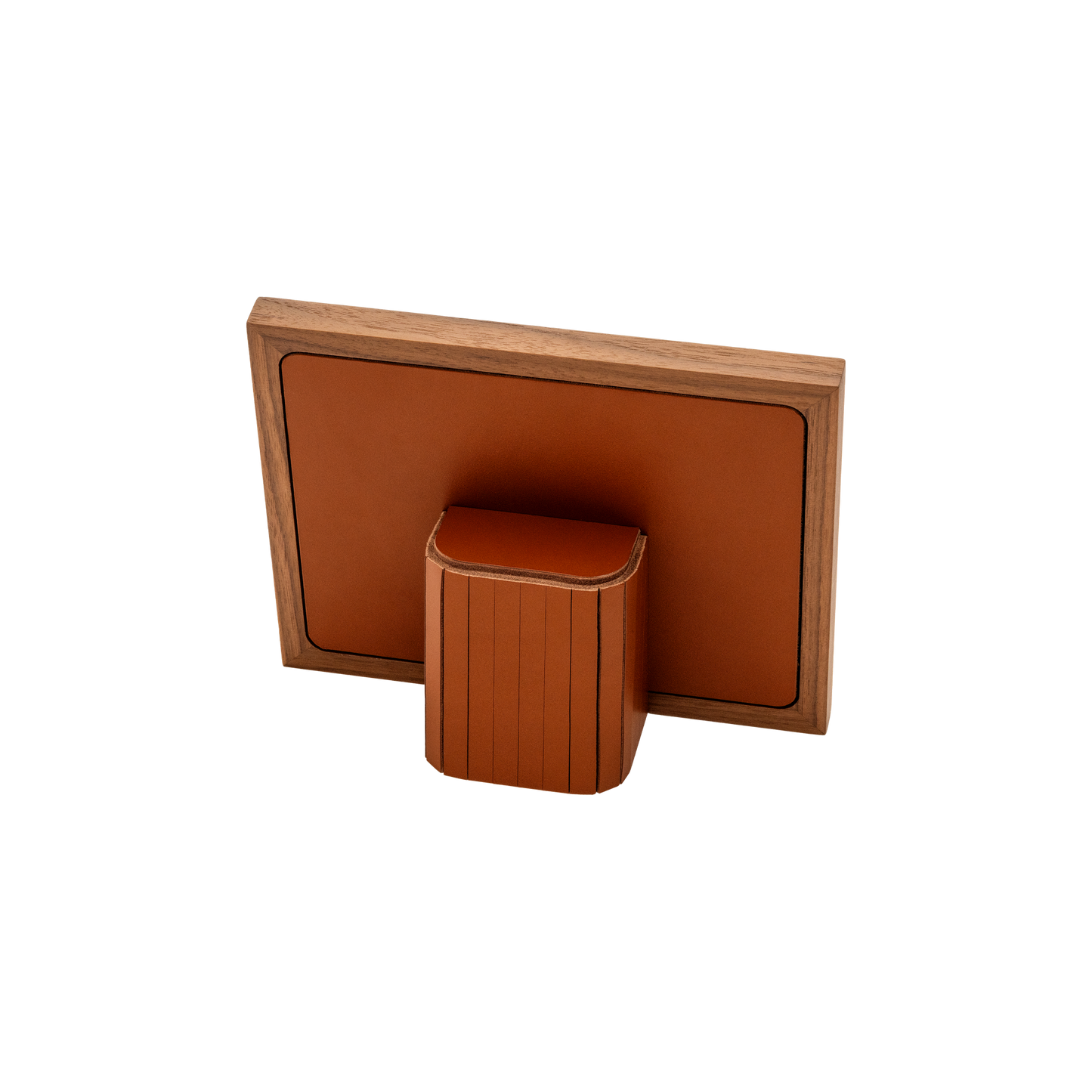 Rabitti 1969 | Toiles de Noyer Walnut Wood and Saddle Leather Picture Frame N°2: Walnut wood picture frame with saddle leather inserts engraved with vertical and horizontal stripes, two sizes, magnetic back | Decor | 2Jour Concierge, your luxury lifestyle shop | luxury picture frame, Rabitti 1969, Toiles de Noyer, walnut leather frame, engraved leather detail, Italian luxury decor, designer photo frame, Giobagnara leather frame