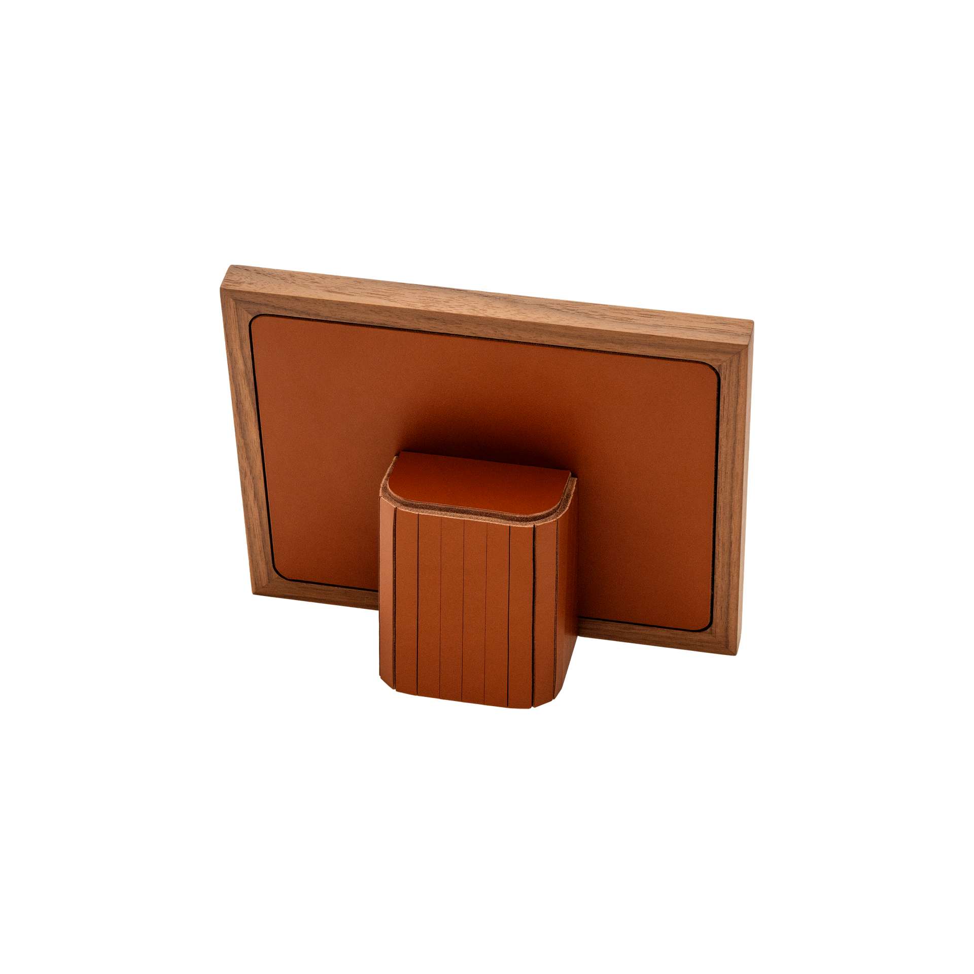 Rabitti 1969 | Toiles de Noyer Walnut Wood and Saddle Leather Picture Frame N°2: Walnut wood picture frame with saddle leather inserts engraved with vertical and horizontal stripes, two sizes, magnetic back | Decor | 2Jour Concierge, your luxury lifestyle shop | luxury picture frame, Rabitti 1969, Toiles de Noyer, walnut leather frame, engraved leather detail, Italian luxury decor, designer photo frame, Giobagnara leather frame