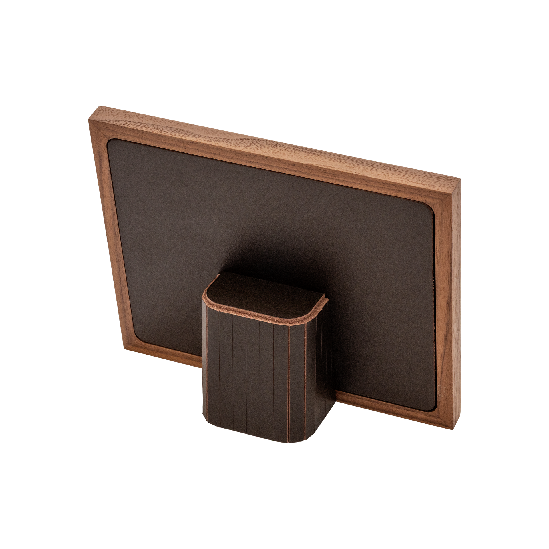 Rabitti 1969 | Toiles de Noyer Walnut Wood and Saddle Leather Picture Frame N°2: Walnut wood picture frame with saddle leather inserts engraved with vertical and horizontal stripes, two sizes, magnetic back | Decor | 2Jour Concierge, your luxury lifestyle shop | luxury picture frame, Rabitti 1969, Toiles de Noyer, walnut leather frame, engraved leather detail, Italian luxury decor, designer photo frame, Giobagnara leather frame