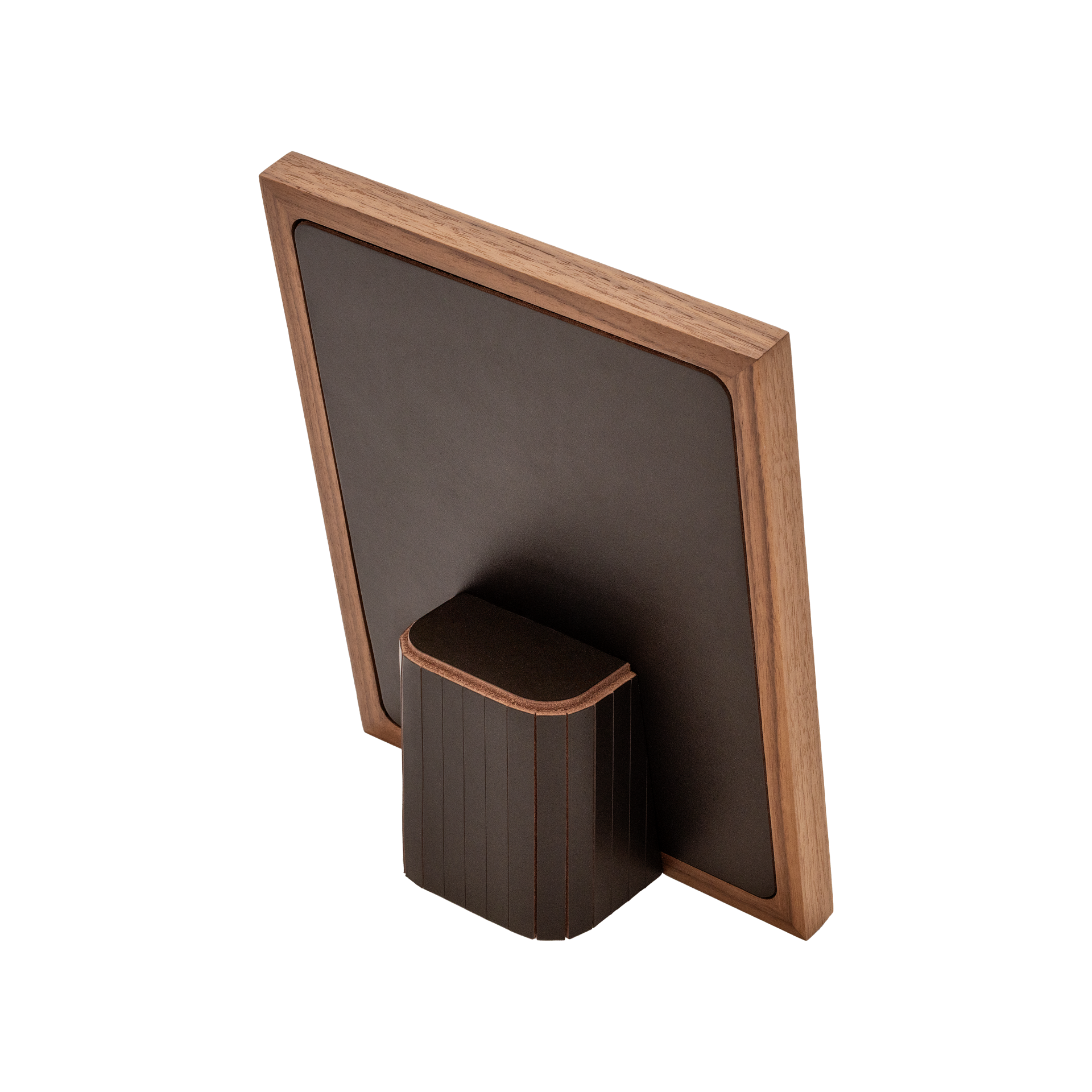 Rabitti 1969 | Toiles de Noyer Walnut Wood and Saddle Leather Picture Frame N°2: Walnut wood picture frame with saddle leather inserts engraved with vertical and horizontal stripes, two sizes, magnetic back | Decor | 2Jour Concierge, your luxury lifestyle shop | luxury picture frame, Rabitti 1969, Toiles de Noyer, walnut leather frame, engraved leather detail, Italian luxury decor, designer photo frame, Giobagnara leather frame