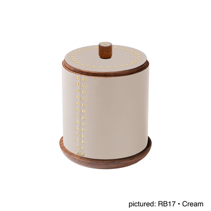Rabitti 1969 by Giobagnara | Toiles de Noyer Walnut Wood and Saddle Leather Round Trinket Box N°1: Round trinket box in walnut wood and saddle leather with golden tacks, three sizes | Decor | 2Jour Concierge, your luxury lifestyle shop | luxury trinket box, Rabitti 1969, Toiles de Noyer, walnut wood saddle leather box, golden tack detail, Italian luxury decor, designer trinket box, Giobagnara leather box