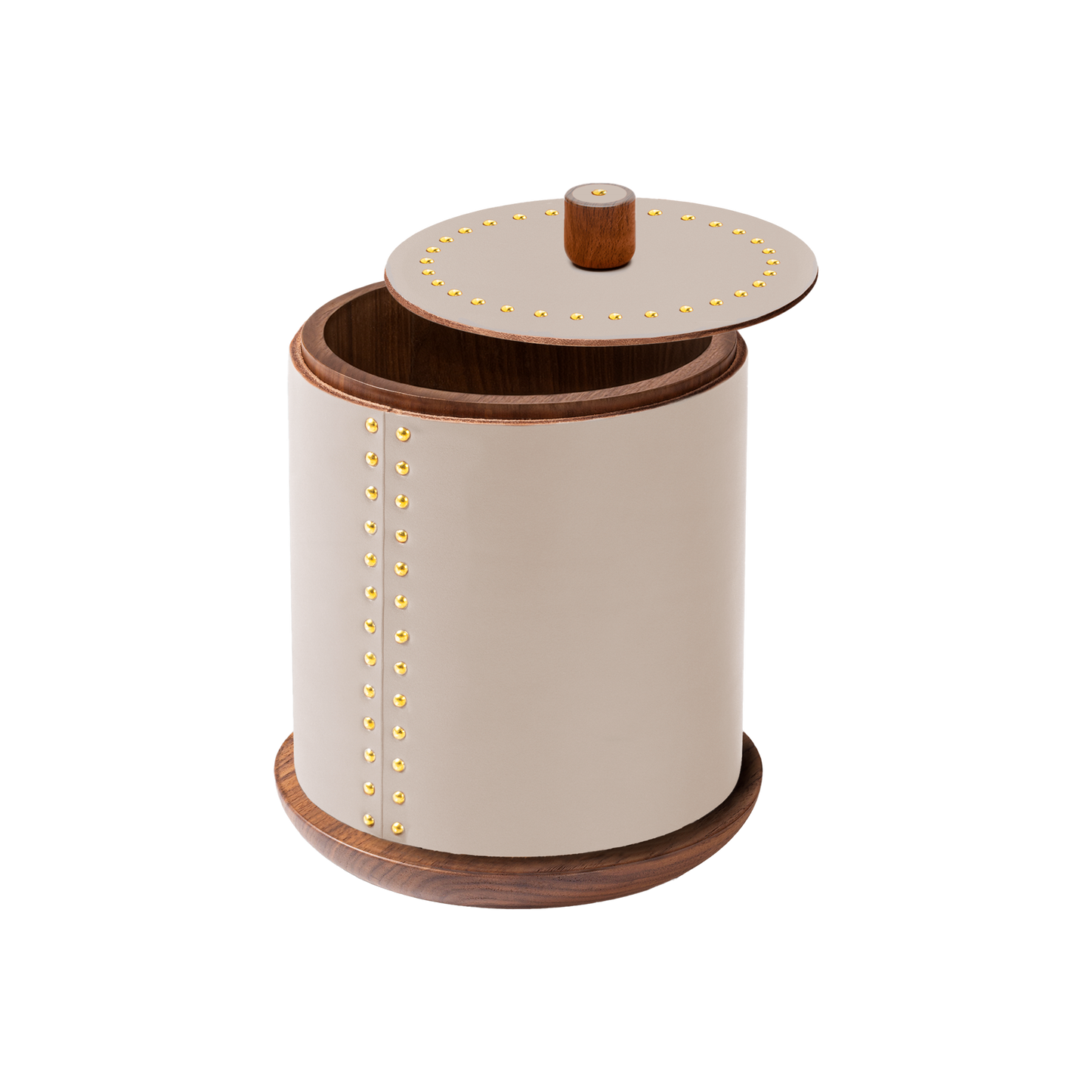 Rabitti 1969 by Giobagnara | Toiles de Noyer Walnut Wood and Saddle Leather Round Trinket Box N°1: Round trinket box in walnut wood and saddle leather with golden tacks, three sizes | Decor | 2Jour Concierge, your luxury lifestyle shop | luxury trinket box, Rabitti 1969, Toiles de Noyer, walnut wood saddle leather box, golden tack detail, Italian luxury decor, designer trinket box, Giobagnara leather box