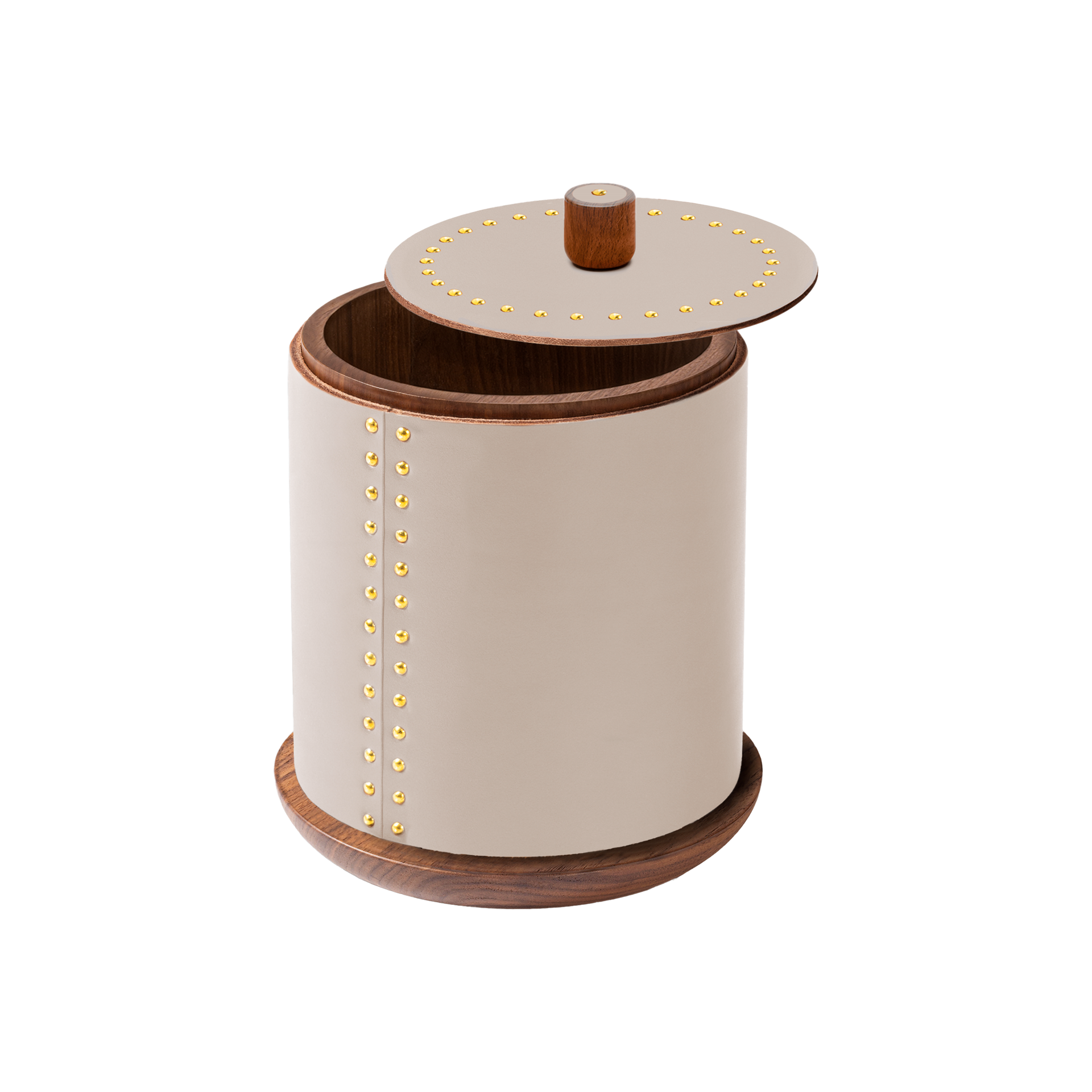 Rabitti 1969 by Giobagnara | Toiles de Noyer Walnut Wood and Saddle Leather Round Trinket Box N°1: Round trinket box in walnut wood and saddle leather with golden tacks, three sizes | Decor | 2Jour Concierge, your luxury lifestyle shop | luxury trinket box, Rabitti 1969, Toiles de Noyer, walnut wood saddle leather box, golden tack detail, Italian luxury decor, designer trinket box, Giobagnara leather box