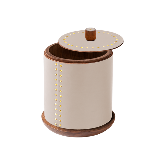 Rabitti 1969 by Giobagnara | Toiles de Noyer Walnut Wood and Saddle Leather Round Trinket Box N°1: Round trinket box in walnut wood and saddle leather with golden tacks, three sizes | Decor | 2Jour Concierge, your luxury lifestyle shop | luxury trinket box, Rabitti 1969, Toiles de Noyer, walnut wood saddle leather box, golden tack detail, Italian luxury decor, designer trinket box, Giobagnara leather box