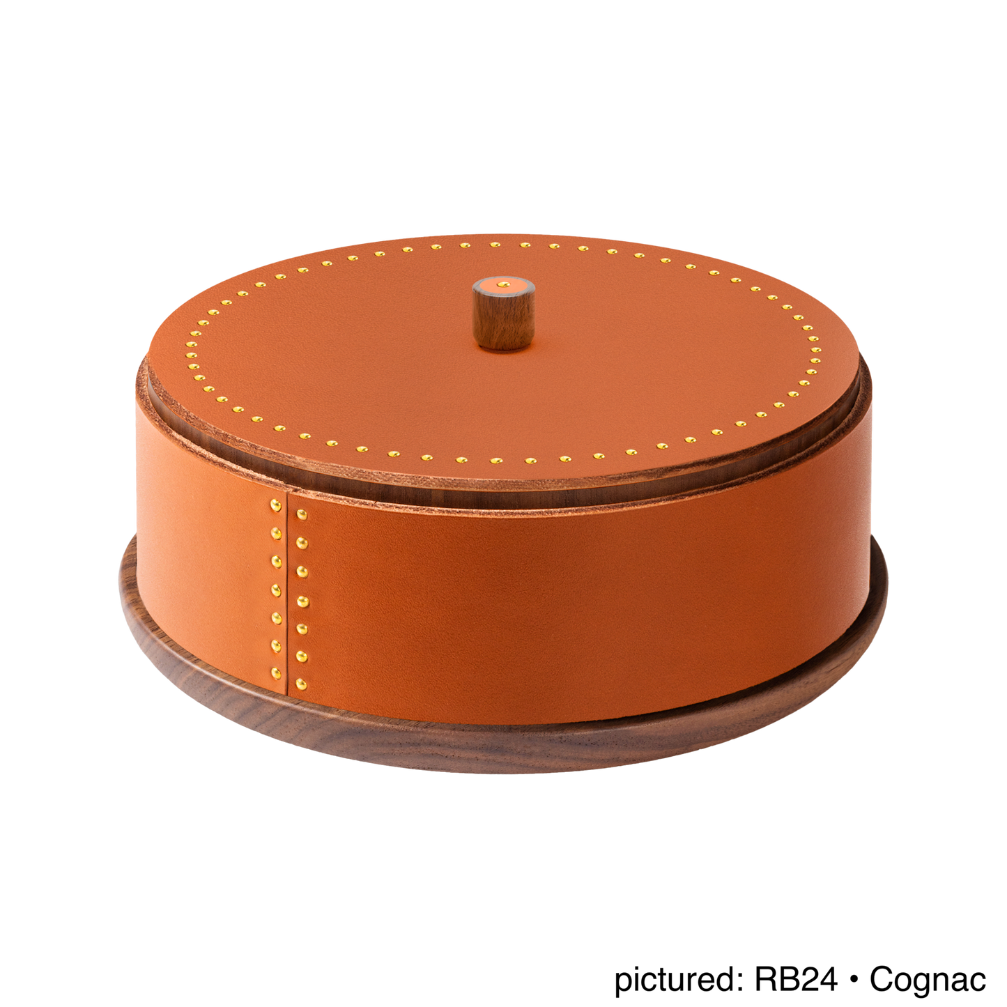 Rabitti 1969 by Giobagnara | Toiles de Noyer Walnut Wood and Saddle Leather Round Trinket Box N°1: Round trinket box in walnut wood and saddle leather with golden tacks, three sizes | Decor | 2Jour Concierge, your luxury lifestyle shop | luxury trinket box, Rabitti 1969, Toiles de Noyer, walnut wood saddle leather box, golden tack detail, Italian luxury decor, designer trinket box, Giobagnara leather box