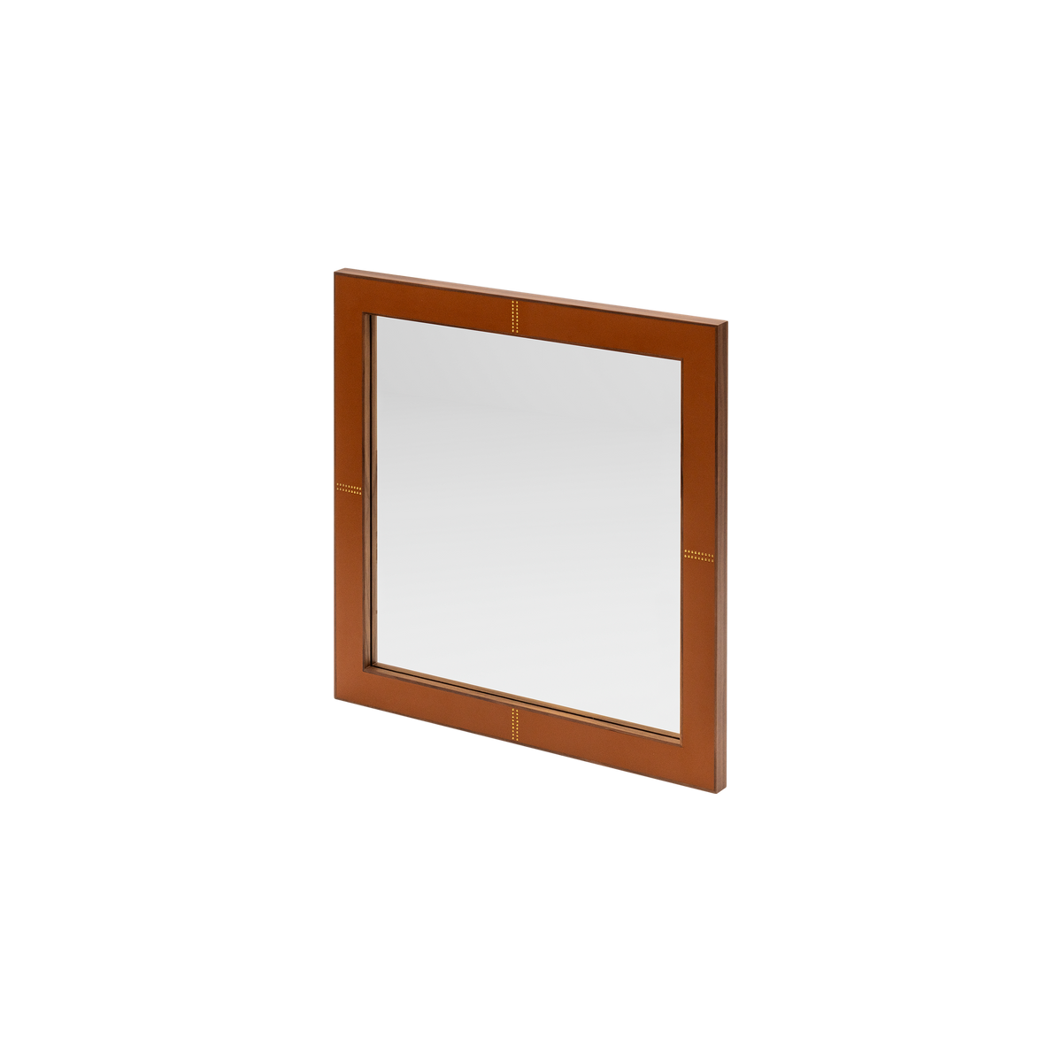 Rabitti 1969 | Toiles de Noyer Mirror N°1: Walnut wood frame with saddle leather inserts and golden tacks — square and rectangular | Furniture | 2Jour Concierge, your luxury lifestyle shop | luxury wall mirror, Rabitti 1969 Toiles de Noyer, walnut leather mirror, designer mirror, golden tacks mirror