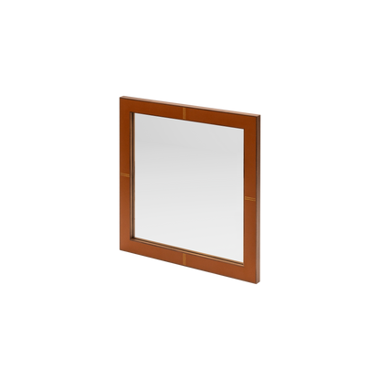 Rabitti 1969 | Toiles de Noyer Mirror N°1: Walnut wood frame with saddle leather inserts and golden tacks — square and rectangular | Furniture | 2Jour Concierge, your luxury lifestyle shop | luxury wall mirror, Rabitti 1969 Toiles de Noyer, walnut leather mirror, designer mirror, golden tacks mirror