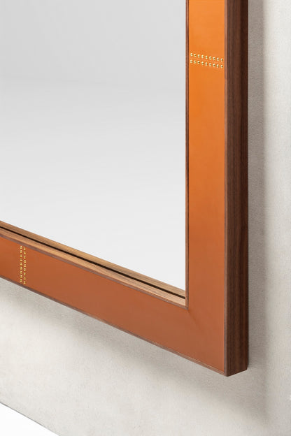 Rabitti 1969 | Toiles de Noyer Mirror N°1: Walnut wood frame with saddle leather inserts and golden tacks — square and rectangular | Furniture | 2Jour Concierge, your luxury lifestyle shop | luxury wall mirror, Rabitti 1969 Toiles de Noyer, walnut leather mirror, designer mirror, golden tacks mirror