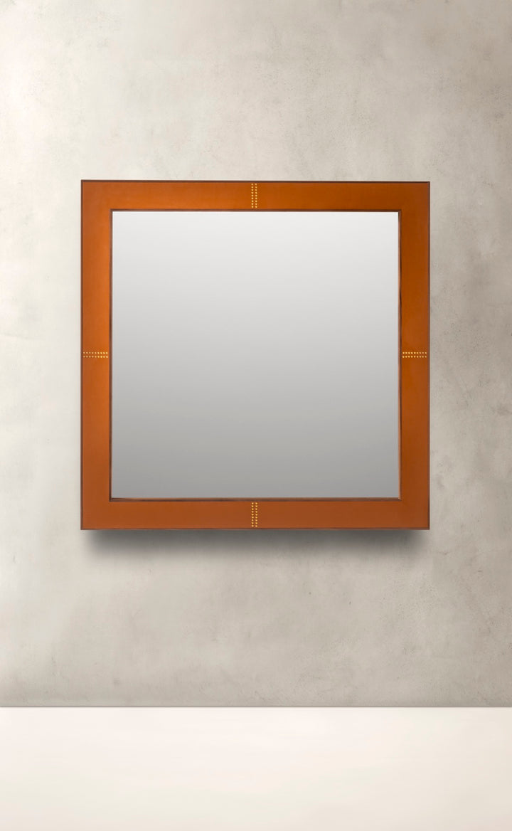 Rabitti 1969 | Toiles de Noyer Mirror N°1: Walnut wood frame with saddle leather inserts and golden tacks — square and rectangular | Furniture | 2Jour Concierge, your luxury lifestyle shop | luxury wall mirror, Rabitti 1969 Toiles de Noyer, walnut leather mirror, designer mirror, golden tacks mirror