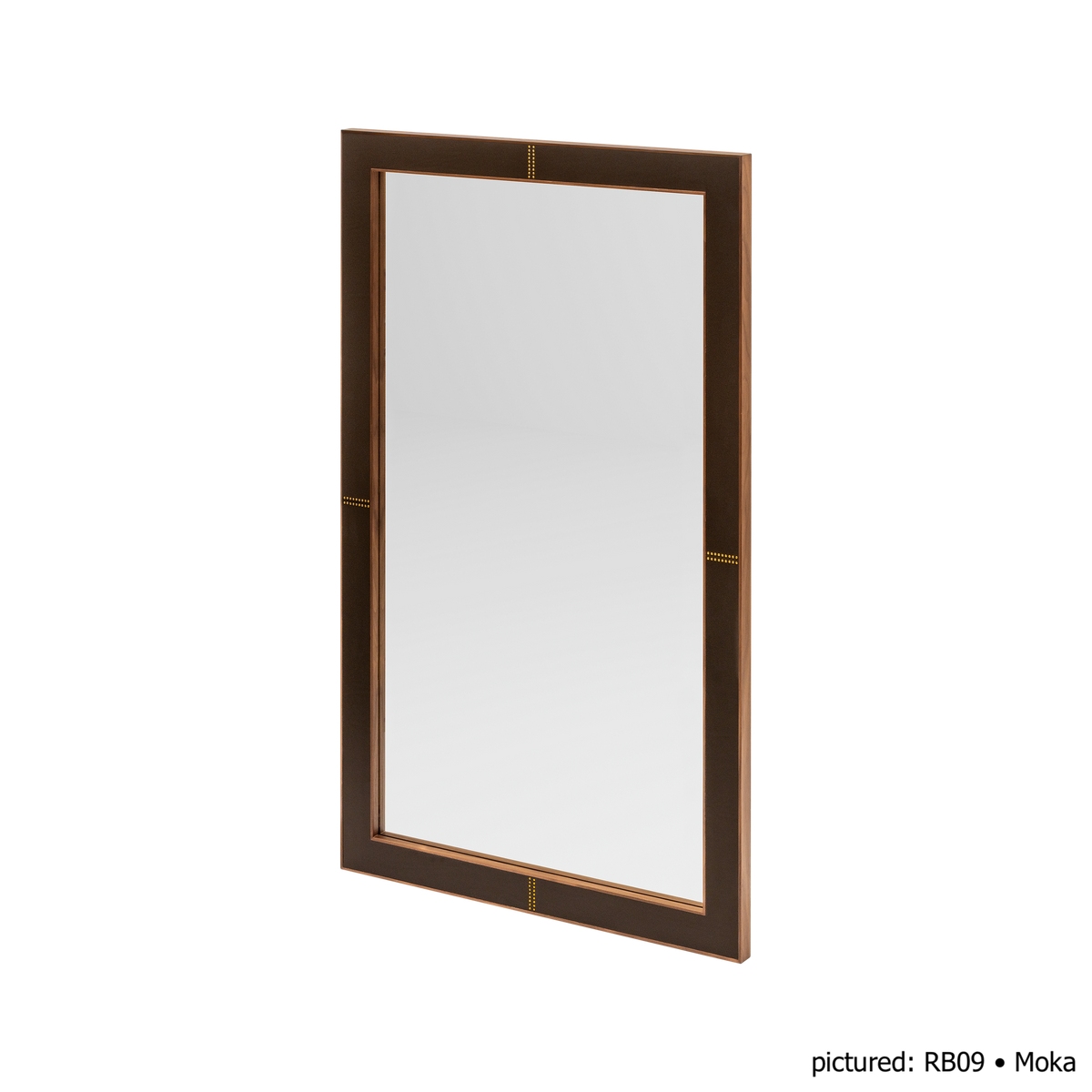 Rabitti 1969 | Toiles de Noyer Mirror N°1: Walnut wood frame with saddle leather inserts and golden tacks — square and rectangular | Furniture | 2Jour Concierge, your luxury lifestyle shop | luxury wall mirror, Rabitti 1969 Toiles de Noyer, walnut leather mirror, designer mirror, golden tacks mirror