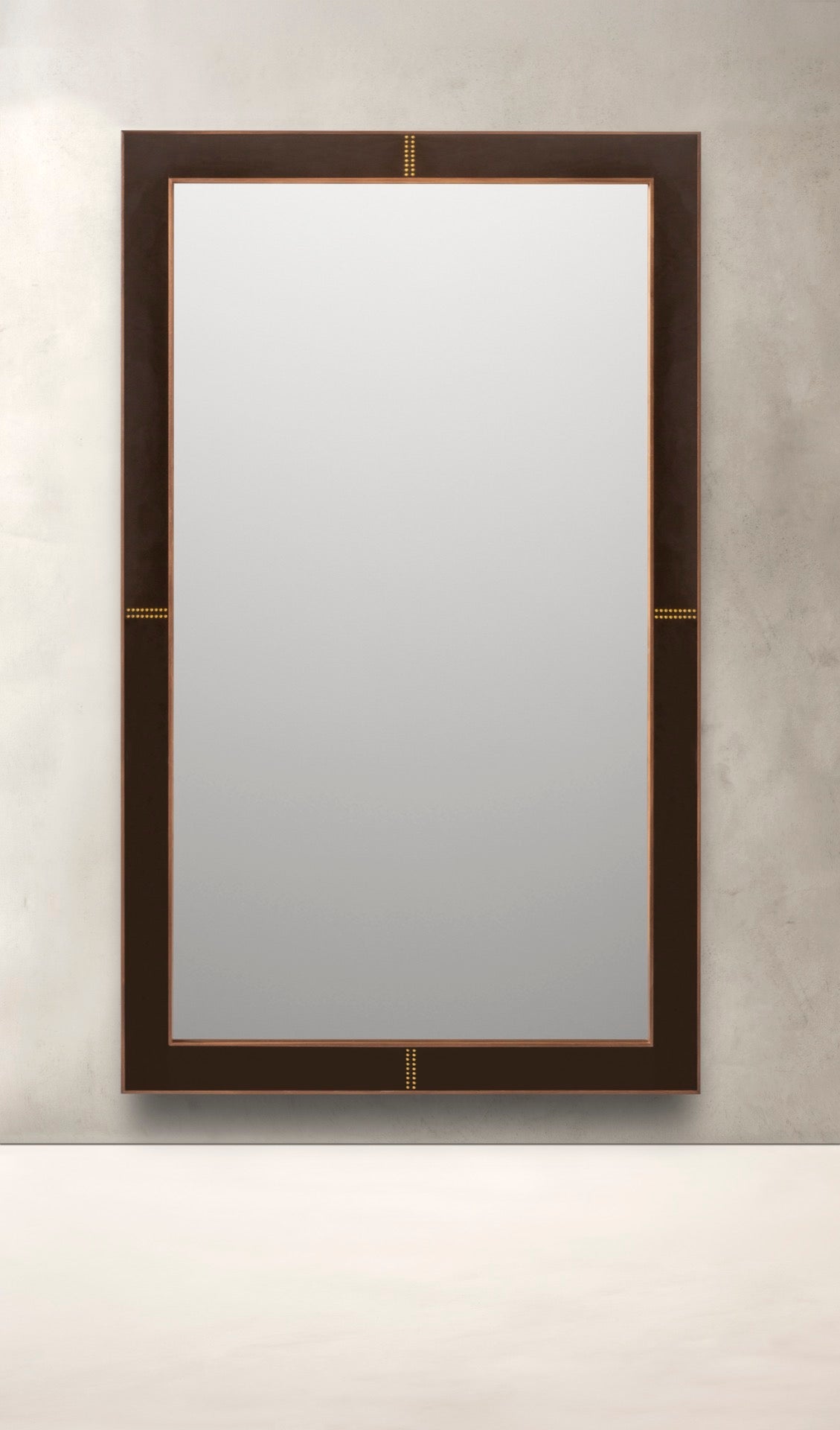 Rabitti 1969 | Toiles de Noyer Mirror N°1: Walnut wood frame with saddle leather inserts and golden tacks — square and rectangular | Furniture | 2Jour Concierge, your luxury lifestyle shop | luxury wall mirror, Rabitti 1969 Toiles de Noyer, walnut leather mirror, designer mirror, golden tacks mirror