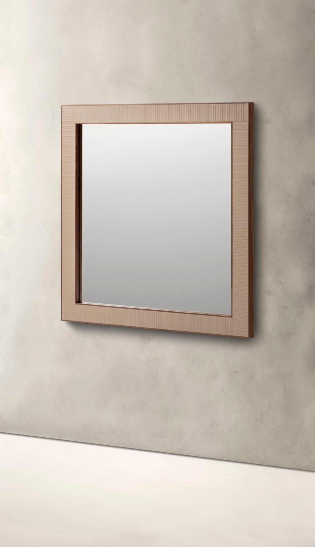 Rabitti 1969 | Toiles de Noyer Mirror N°1: Walnut wood frame with saddle leather inserts and golden tacks — square and rectangular | Furniture | 2Jour Concierge, your luxury lifestyle shop | luxury wall mirror, Rabitti 1969 Toiles de Noyer, walnut leather mirror, designer mirror, golden tacks mirror