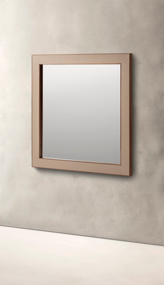 Rabitti 1969 | Toiles de Noyer Mirror N°1: Walnut wood frame with saddle leather inserts and golden tacks — square and rectangular | Furniture | 2Jour Concierge, your luxury lifestyle shop | luxury wall mirror, Rabitti 1969 Toiles de Noyer, walnut leather mirror, designer mirror, golden tacks mirror