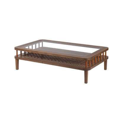 Rabitti 1969 × Sonja Maraitie Toiles de Noyer | Coffee Table in walnut with saddle leather detailing and tempered glass top | Furniture / Coffee Tables | 2Jour Concierge, your luxury lifestyle shop | luxury interiors, refined leather furniture, hospitality décor, boutique hotels, yacht living, Italian craftsmanship, contemporary design, elegant living, executive interiors