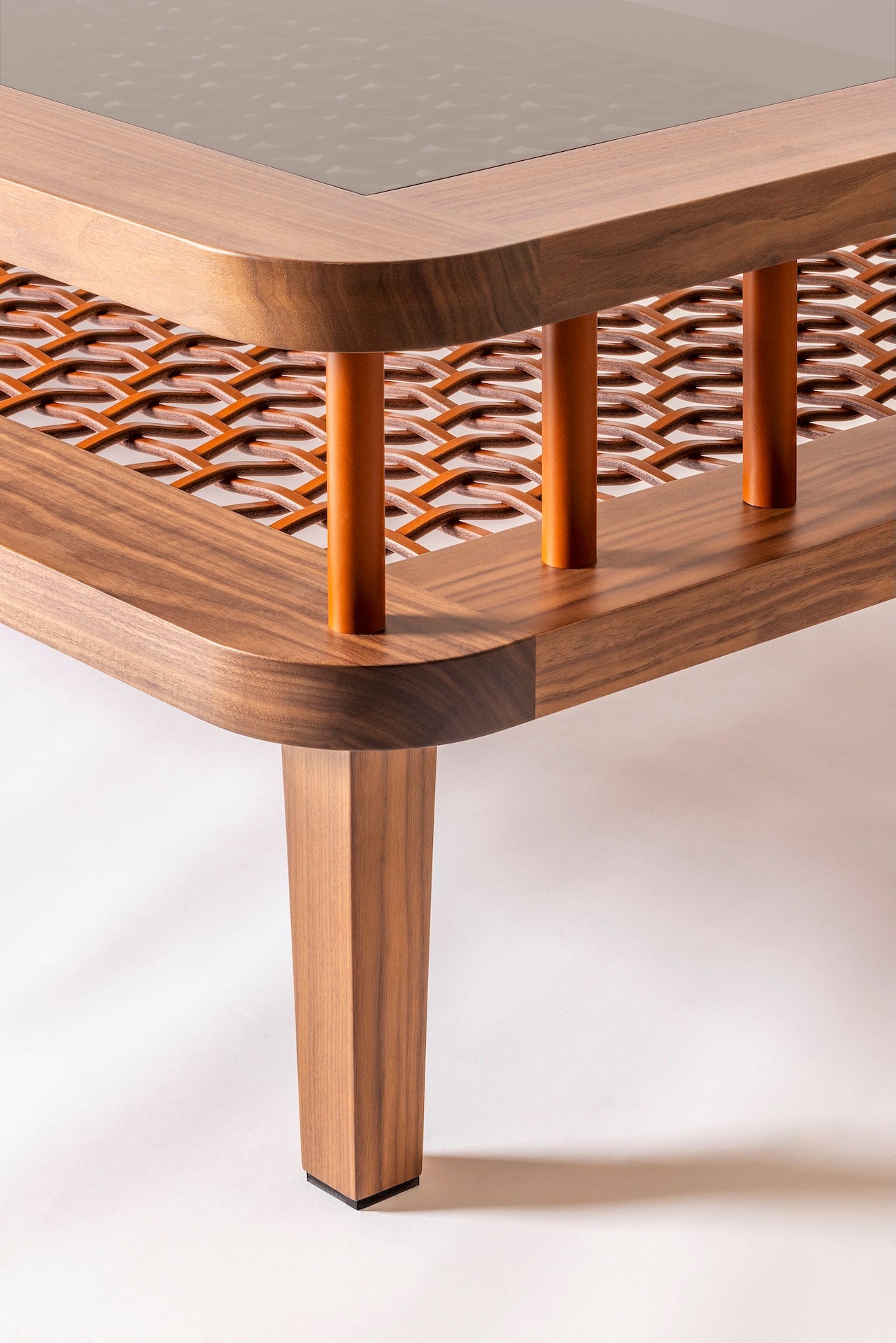 Rabitti 1969 × Sonja Maraitie Toiles de Noyer | Coffee Table in walnut with saddle leather detailing and tempered glass top | Furniture / Coffee Tables | 2Jour Concierge, your luxury lifestyle shop | luxury interiors, refined leather furniture, hospitality décor, boutique hotels, yacht living, Italian craftsmanship, contemporary design, elegant living, executive interiors