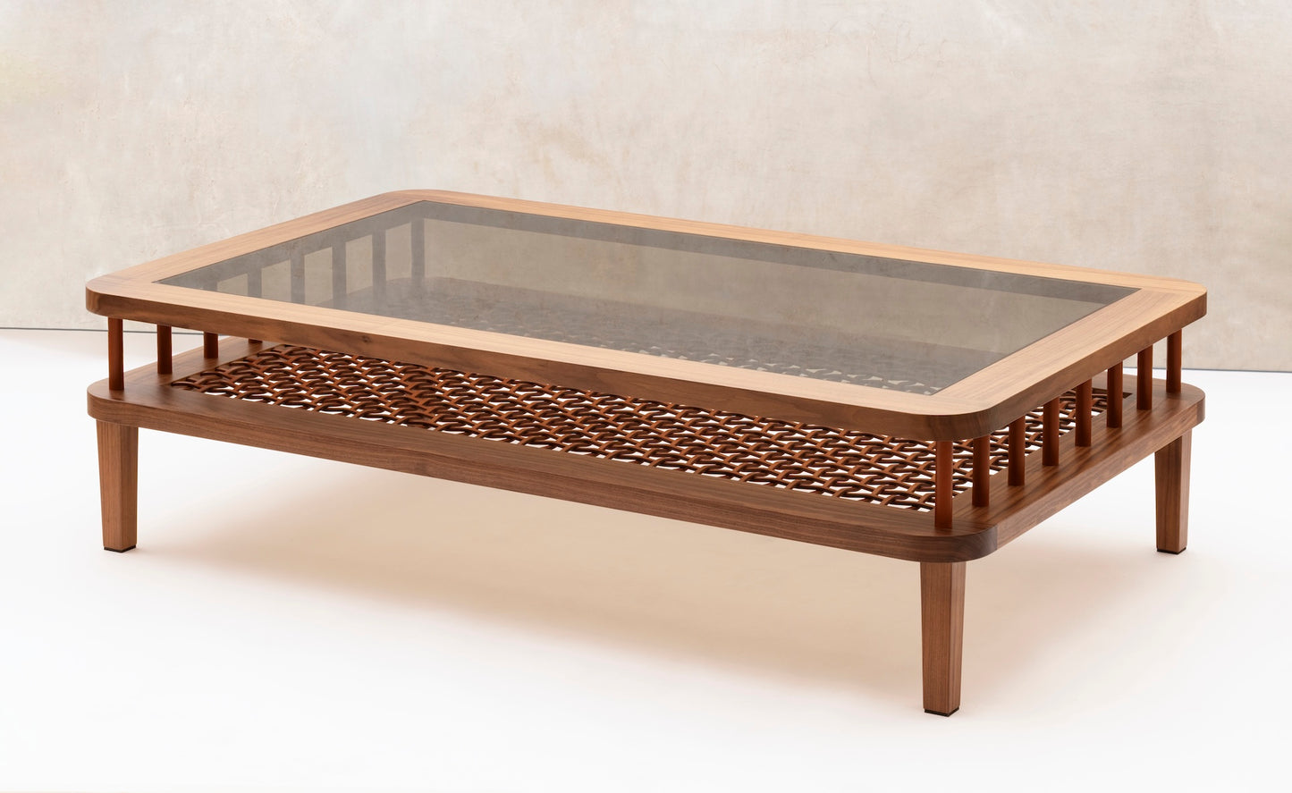 Rabitti 1969 × Sonja Maraitie Toiles de Noyer | Coffee Table in walnut with saddle leather detailing and tempered glass top | Furniture / Coffee Tables | 2Jour Concierge, your luxury lifestyle shop | luxury interiors, refined leather furniture, hospitality décor, boutique hotels, yacht living, Italian craftsmanship, contemporary design, elegant living, executive interiors