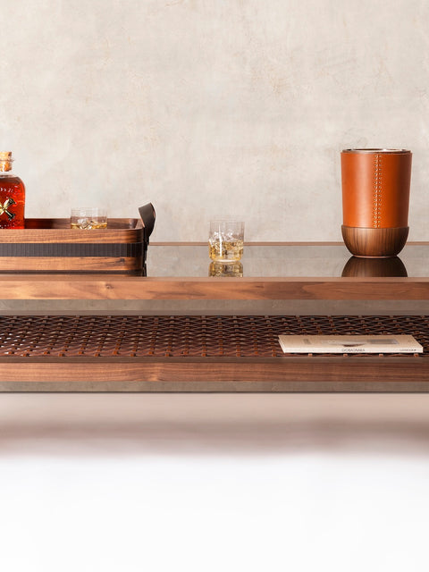 Rabitti 1969 × Sonja Maraitie Toiles de Noyer | Coffee Table in walnut with saddle leather detailing and tempered glass top | Furniture / Coffee Tables | 2Jour Concierge, your luxury lifestyle shop | luxury interiors, refined leather furniture, hospitality décor, boutique hotels, yacht living, Italian craftsmanship, contemporary design, elegant living, executive interiors