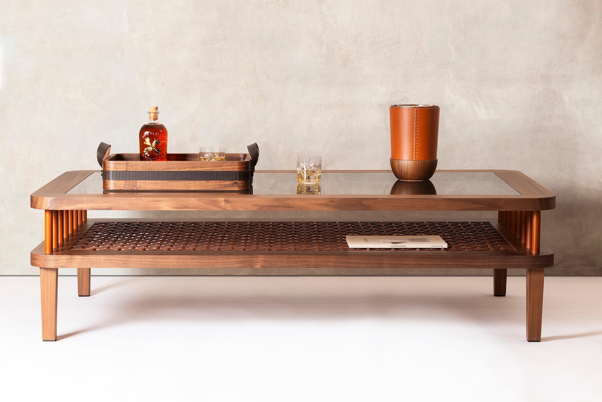 Rabitti 1969 × Sonja Maraitie Toiles de Noyer | Coffee Table in walnut with saddle leather detailing and tempered glass top | Furniture / Coffee Tables | 2Jour Concierge, your luxury lifestyle shop | luxury interiors, refined leather furniture, hospitality décor, boutique hotels, yacht living, Italian craftsmanship, contemporary design, elegant living, executive interiors