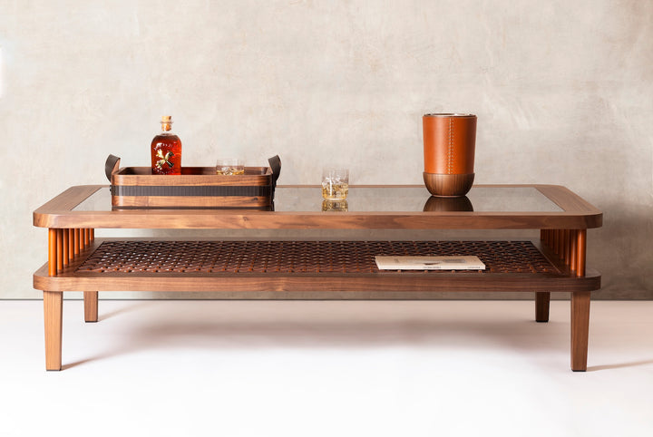 Rabitti 1969 × Sonja Maraitie Toiles de Noyer | Coffee Table in walnut with saddle leather detailing and tempered glass top | Furniture / Coffee Tables | 2Jour Concierge, your luxury lifestyle shop | luxury interiors, refined leather furniture, hospitality décor, boutique hotels, yacht living, Italian craftsmanship, contemporary design, elegant living, executive interiors