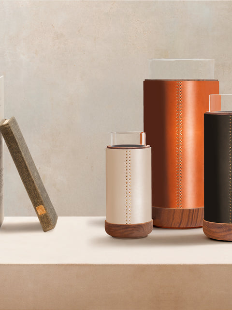 Giobagnara | Toiles de Noyer Vase: Leather-wrapped wooden vase with glass insert | Decor / Vases + Candle Holders | 2Jour Concierge, your luxury lifestyle shop | premium decorative objects for expensive interiors, shelves, consoles, and curated living spaces