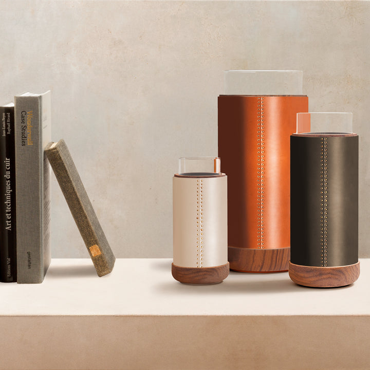 Giobagnara | Toiles de Noyer Vase: Leather-wrapped wooden vase with glass insert | Decor / Vases + Candle Holders | 2Jour Concierge, your luxury lifestyle shop | premium decorative objects for expensive interiors, shelves, consoles, and curated living spaces