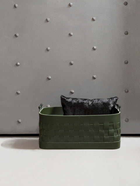 Ravenna Braided Saddle Leather Storage Basket, Rectangular with Brushed Bronze Handles