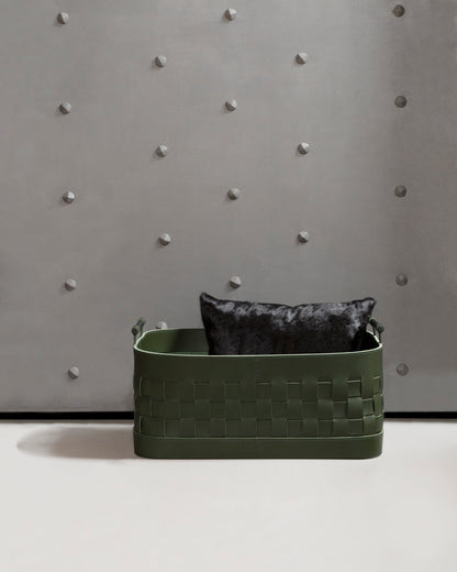 Ravenna Braided Saddle Leather Storage Basket, Rectangular with Brushed Bronze Handles