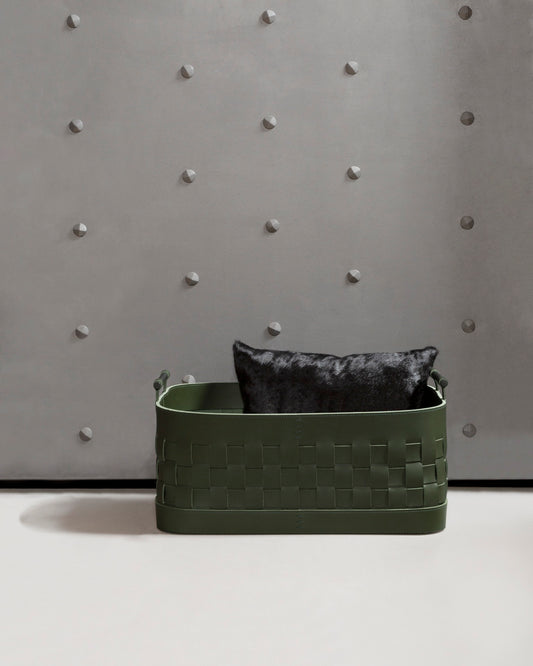 Ravenna Braided Saddle Leather Storage Basket, Rectangular with Brushed Bronze Handles