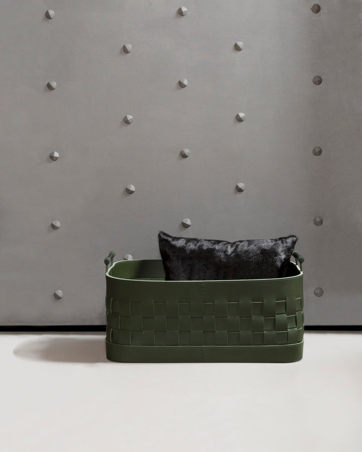 Ravenna Braided Saddle Leather Storage Basket, Rectangular with Brushed Bronze Handles