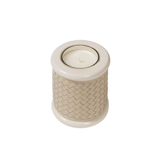 Riviere Maia | Candle Holder: Handwoven leather with lacquered wood and lacquer rings, available in multiple sizes, refined craftsmanship for display or use | Decor / Vases & Candle Holders | 2Jour Concierge, your luxury lifestyle shop | luxury interiors, hospitality décor, elegant living, designer home accessories, boutique hotels, refined lifestyle, yacht décor