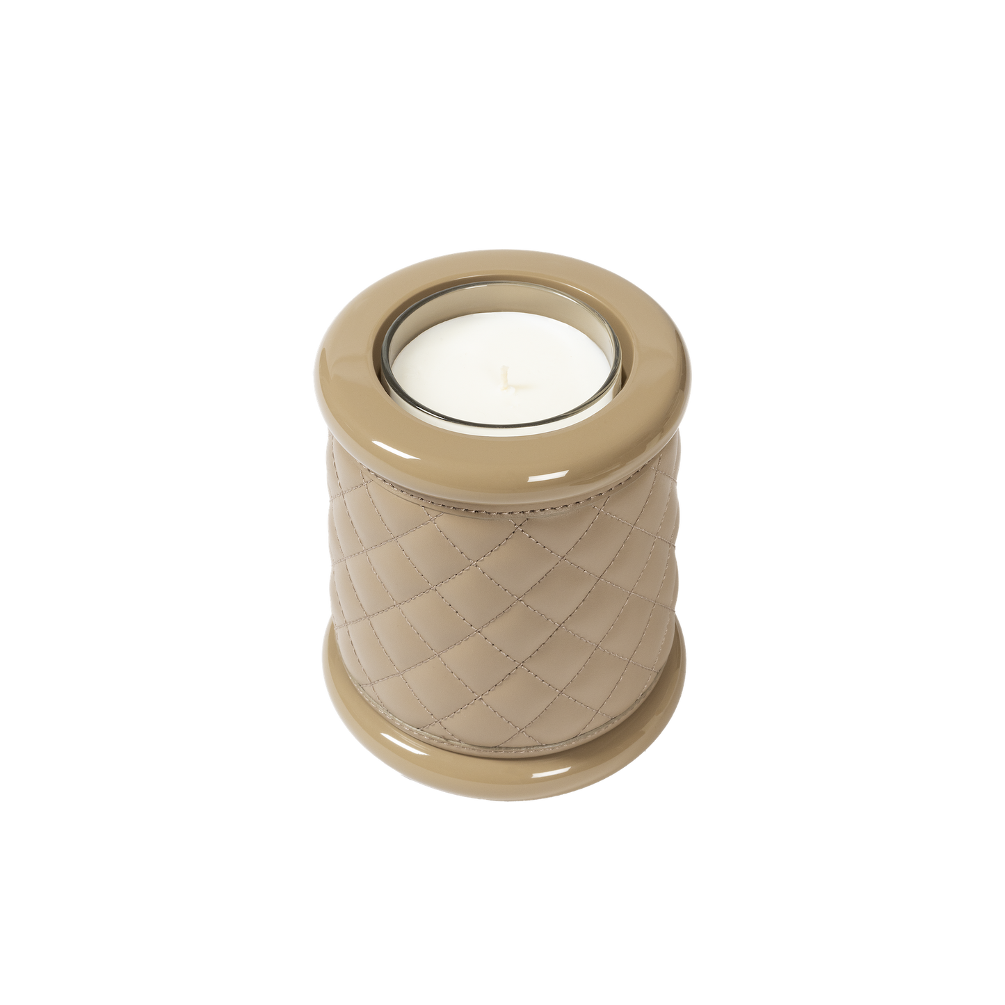 Riviere Maia | Candle Holder: Diamond-pattern padded leather with lacquered wood base and lacquer rings, available in three sizes, suitable for refined interior accents | Decor / Vases & Candle Holders | 2Jour Concierge, your luxury lifestyle shop | luxury interiors, hospitality décor, elegant living, designer home accessories, boutique hotels, refined lifestyle, yacht décor