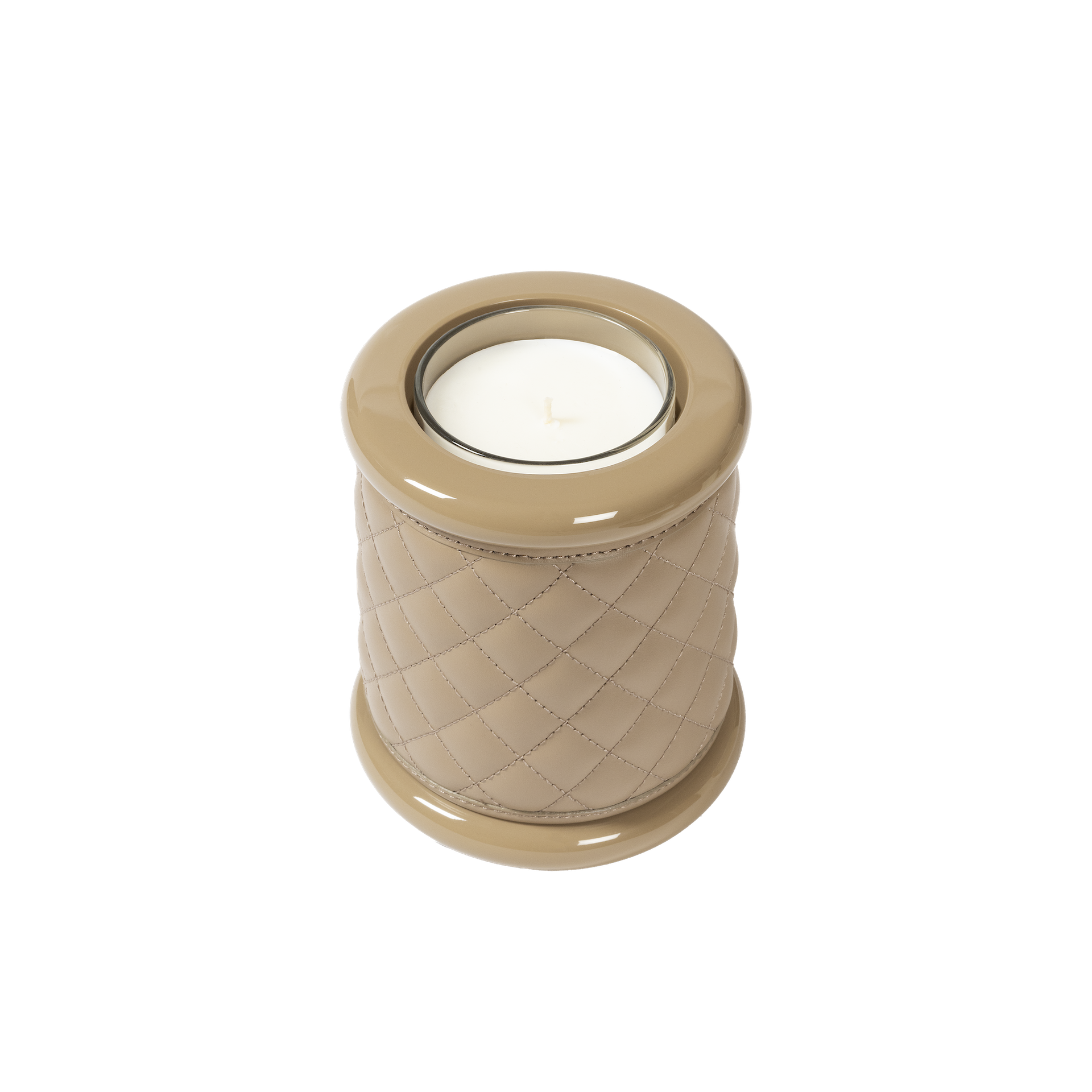 Riviere Maia | Candle Holder: Diamond-pattern padded leather with lacquered wood base and lacquer rings, available in three sizes, suitable for refined interior accents | Decor / Vases & Candle Holders | 2Jour Concierge, your luxury lifestyle shop | luxury interiors, hospitality décor, elegant living, designer home accessories, boutique hotels, refined lifestyle, yacht décor
