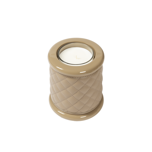 Riviere Maia | Candle Holder: Diamond-pattern padded leather with lacquered wood base and lacquer rings, available in three sizes, suitable for refined interior accents | Decor / Vases & Candle Holders | 2Jour Concierge, your luxury lifestyle shop | luxury interiors, hospitality décor, elegant living, designer home accessories, boutique hotels, refined lifestyle, yacht décor
