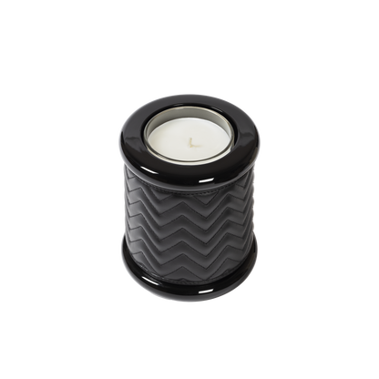 Riviere Maia | Candle Holder: Herringbone padded leather with lacquered wood and lacquer rings, available in three sizes, designed to add texture and refinement | Decor / Vases & Candle Holders | 2Jour Concierge, your luxury lifestyle shop | luxury interiors, hospitality décor, elegant living, designer home accessories, boutique hotels, refined lifestyle, yacht décor