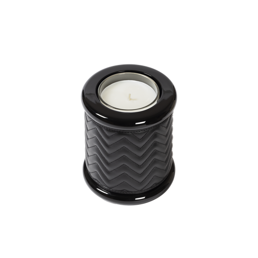 Riviere Maia | Candle Holder: Herringbone padded leather with lacquered wood and lacquer rings, available in three sizes, designed to add texture and refinement | Decor / Vases & Candle Holders | 2Jour Concierge, your luxury lifestyle shop | luxury interiors, hospitality décor, elegant living, designer home accessories, boutique hotels, refined lifestyle, yacht décor