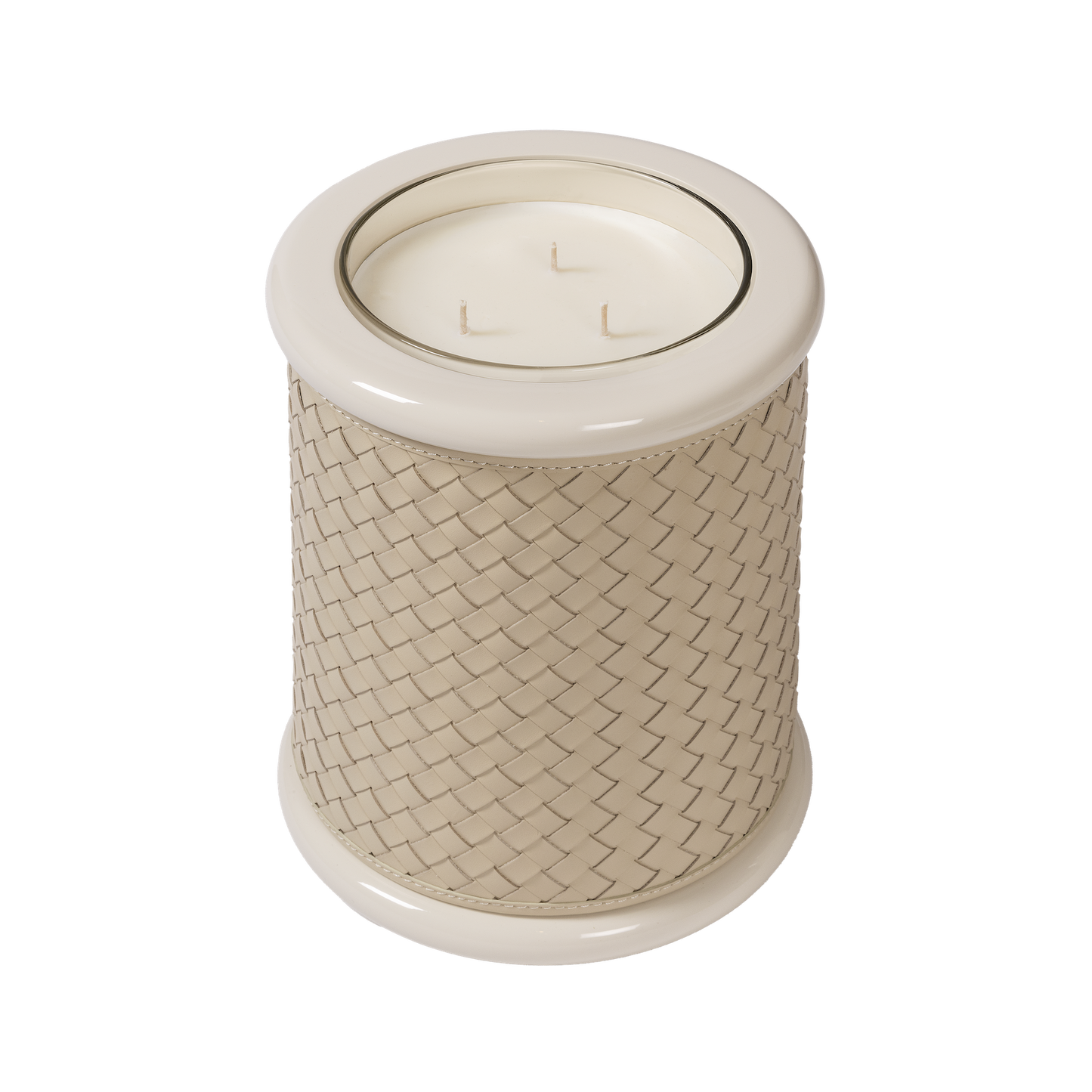 Riviere Maia | Candle Holder: Handwoven leather with lacquered wood and lacquer rings, available in multiple sizes, refined craftsmanship for display or use | Decor / Vases & Candle Holders | 2Jour Concierge, your luxury lifestyle shop | luxury interiors, hospitality décor, elegant living, designer home accessories, boutique hotels, refined lifestyle, yacht décor
