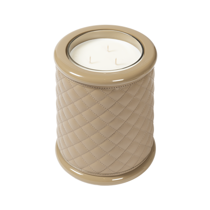 Riviere Maia | Candle Holder: Diamond-pattern padded leather with lacquered wood base and lacquer rings, available in three sizes, suitable for refined interior accents | Decor / Vases & Candle Holders | 2Jour Concierge, your luxury lifestyle shop | luxury interiors, hospitality décor, elegant living, designer home accessories, boutique hotels, refined lifestyle, yacht décor