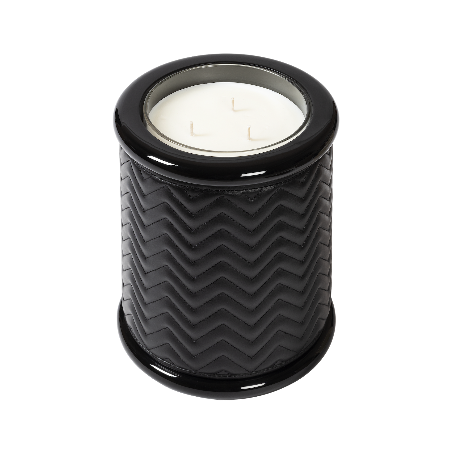 Riviere Maia | Candle Holder: Herringbone padded leather with lacquered wood and lacquer rings, available in three sizes, designed to add texture and refinement | Decor / Vases & Candle Holders | 2Jour Concierge, your luxury lifestyle shop | luxury interiors, hospitality décor, elegant living, designer home accessories, boutique hotels, refined lifestyle, yacht décor