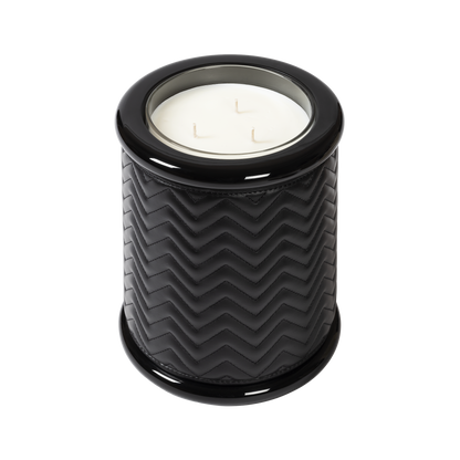 Riviere Maia | Candle Holder: Herringbone padded leather with lacquered wood and lacquer rings, available in three sizes, designed to add texture and refinement | Decor / Vases & Candle Holders | 2Jour Concierge, your luxury lifestyle shop | luxury interiors, hospitality décor, elegant living, designer home accessories, boutique hotels, refined lifestyle, yacht décor