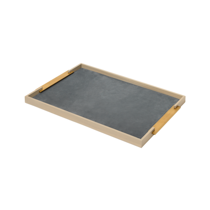 Dama Wood Tray, Rectangular L with Leather Lining & Metal Handles