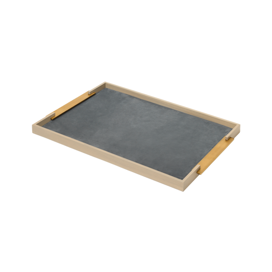 Dama Wood Tray, Rectangular L with Leather Lining & Metal Handles