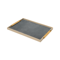 Dama Wood Tray, Rectangular L with Leather Lining & Metal Handles