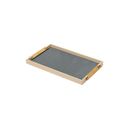 Dama Wood Tray, Rectangular with Leather Lining & Metal Handles